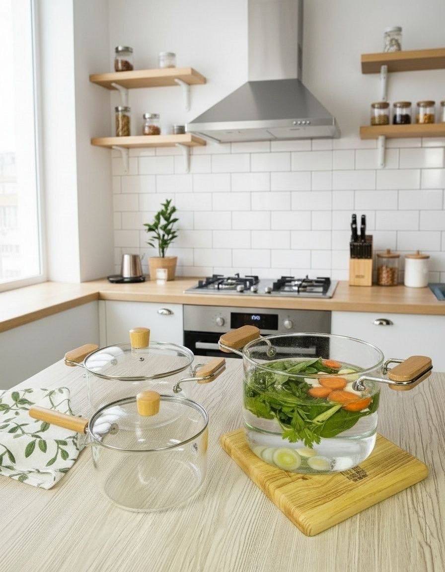 ست قابلمه پیرکس دسته بامبو وارداتی باکیفیت